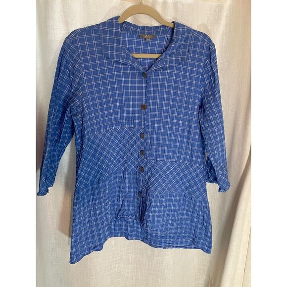 Habitat Button Down Tunic Top, Size Medium Blue Plaid Patchwork Cotton EUC - Picture 1 of 5